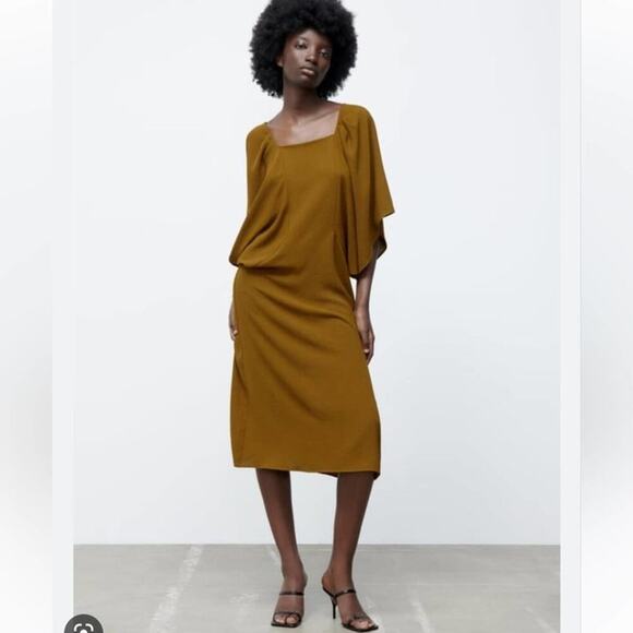 Zara Khaki Balloon voluminous Sleeve Dress Size Small - Picture 1 of 10